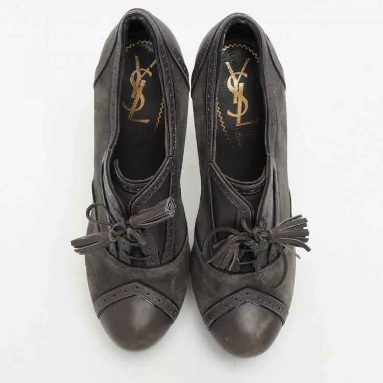 Pre Owned Yves Saint Laurent Grey Brogue Leather and Suede Janis Booties Size 37.5