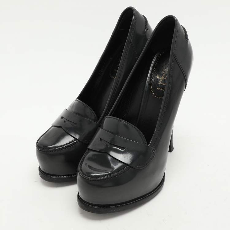 Pre Owned Yves Saint Laurent Grey Leather Tribtoo Platform Loafer Pumps Size 37.5