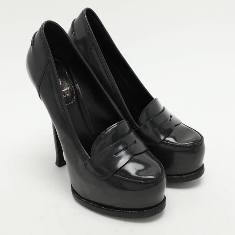 Pre Owned Yves Saint Laurent Grey Leather Tribtoo Platform Loafer Pumps Size 37.5