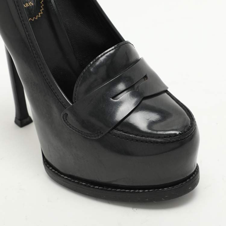 Pre Owned Yves Saint Laurent Grey Leather Tribtoo Platform Loafer Pumps Size 37.5