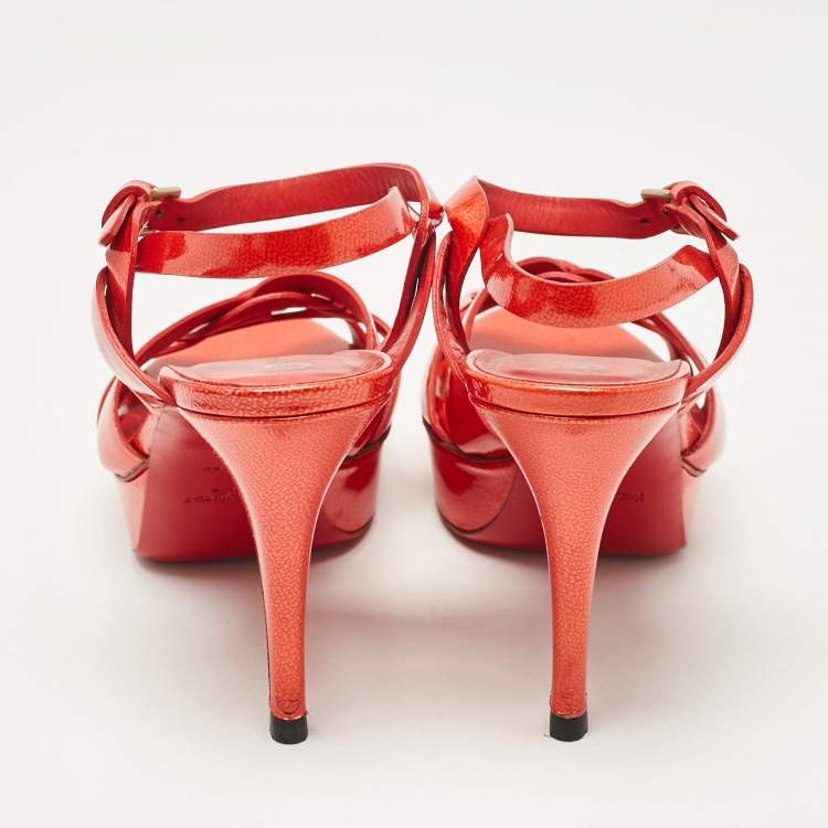 Pre Owned Yves Saint Laurent Orange Patent Leather Tribute Sandals Size 39