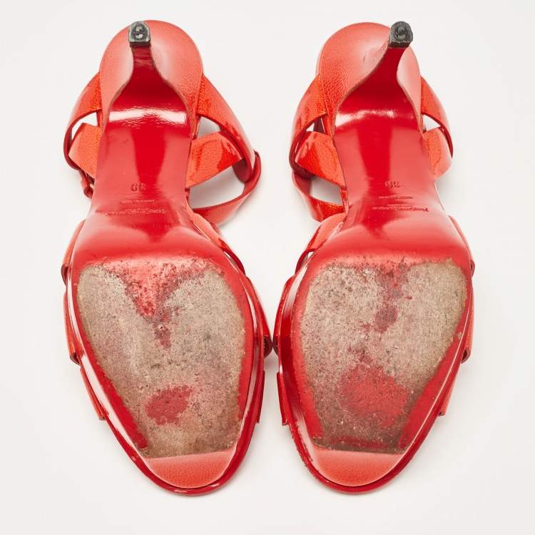 Pre Owned Yves Saint Laurent Orange Patent Leather Tribute Sandals Size 39