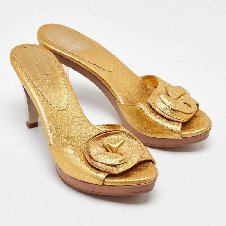Pre Owned Yves Saint Laurent Metallic Gold Leather Najda Rosette Platform Sandals Size 36
