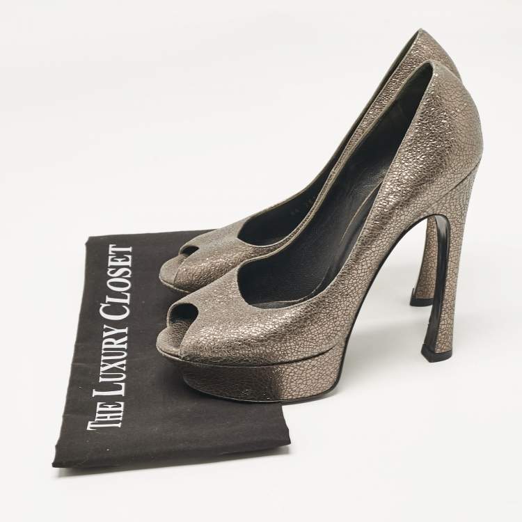Pre Owned Yves Saint Laurent Grey Textured Leather Palais Peep Toe Pumps Size 41
