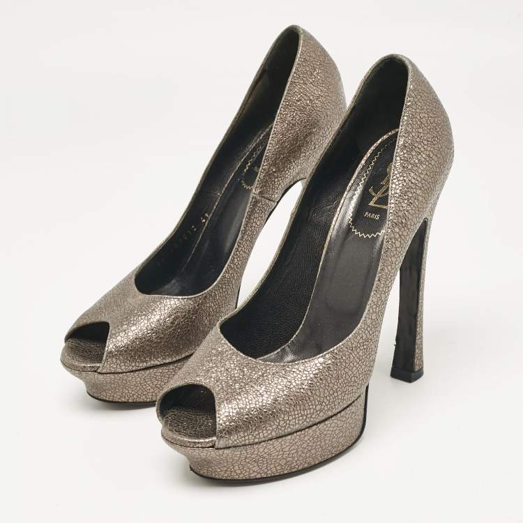 Pre Owned Yves Saint Laurent Grey Textured Leather Palais Peep Toe Pumps Size 41