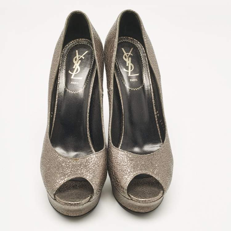 Pre Owned Yves Saint Laurent Grey Textured Leather Palais Peep Toe Pumps Size 41