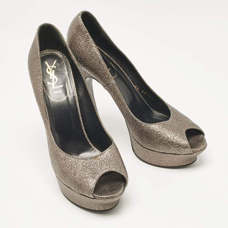 Pre Owned Yves Saint Laurent Grey Textured Leather Palais Peep Toe Pumps Size 41