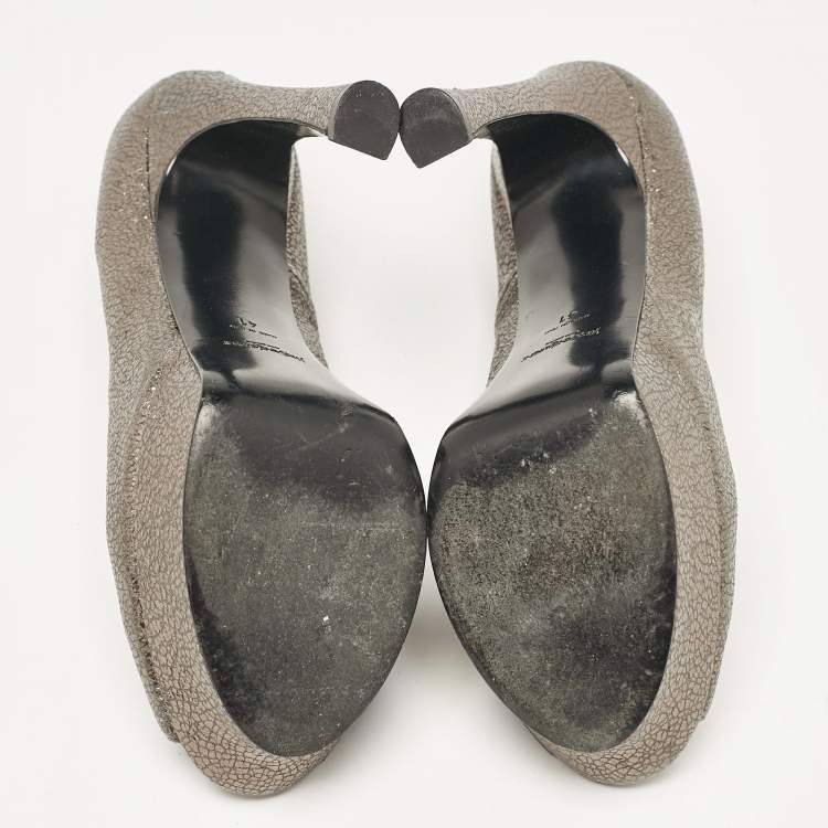 Pre Owned Yves Saint Laurent Grey Textured Leather Palais Peep Toe Pumps Size 41