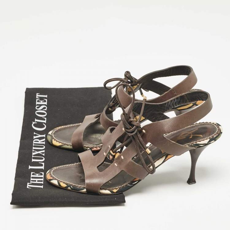 Pre Owned Yves Saint Laurent Brown Leather Lace Up Sandals Size 38.5