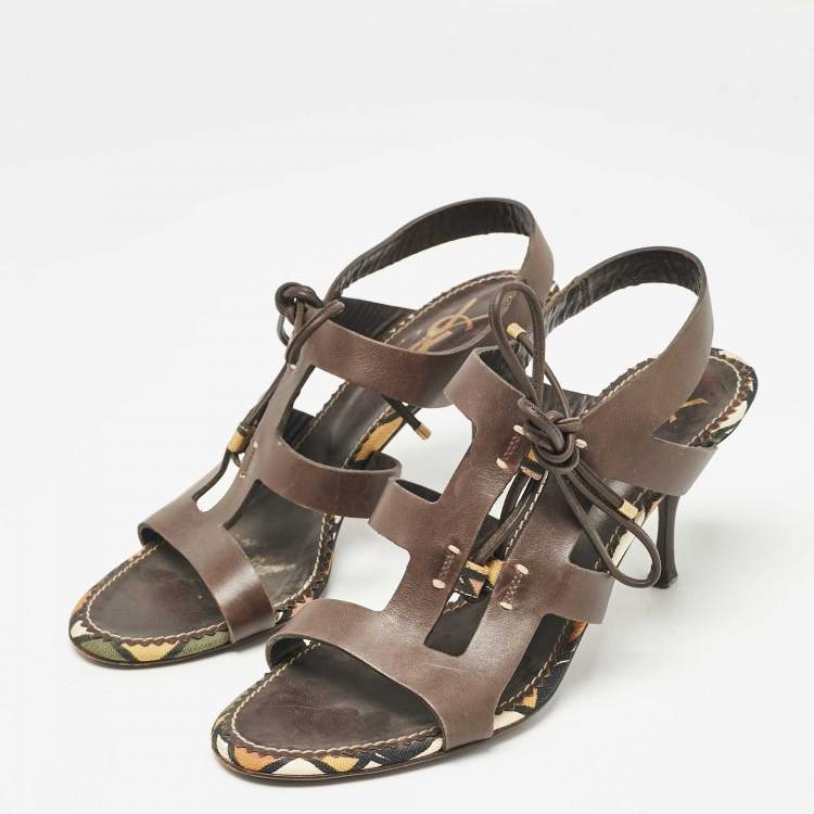 Pre Owned Yves Saint Laurent Brown Leather Lace Up Sandals Size 38.5