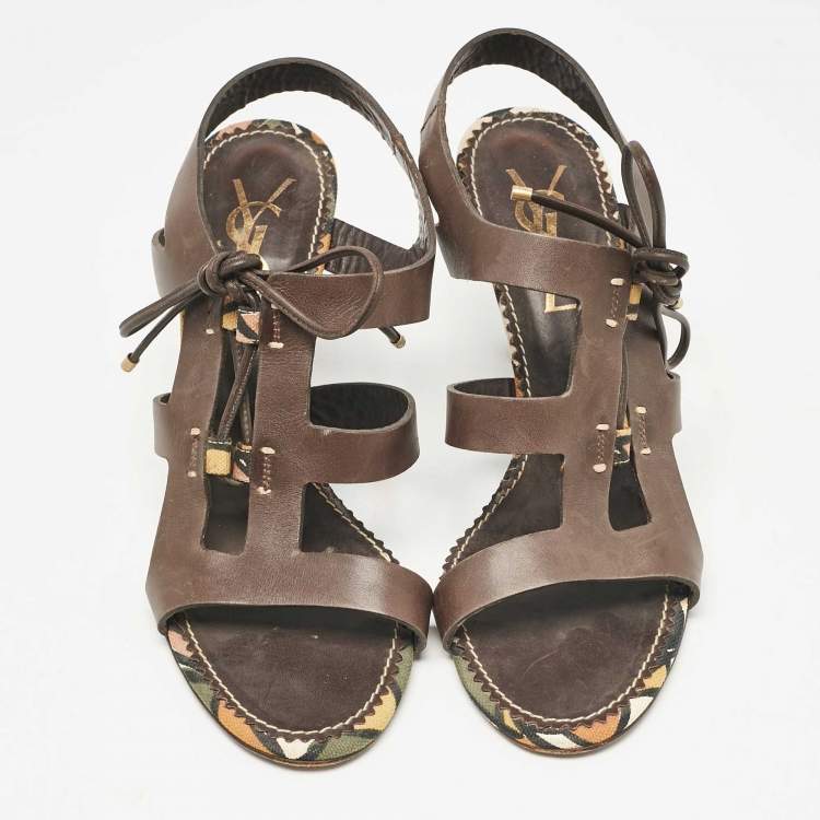 Pre Owned Yves Saint Laurent Brown Leather Lace Up Sandals Size 38.5