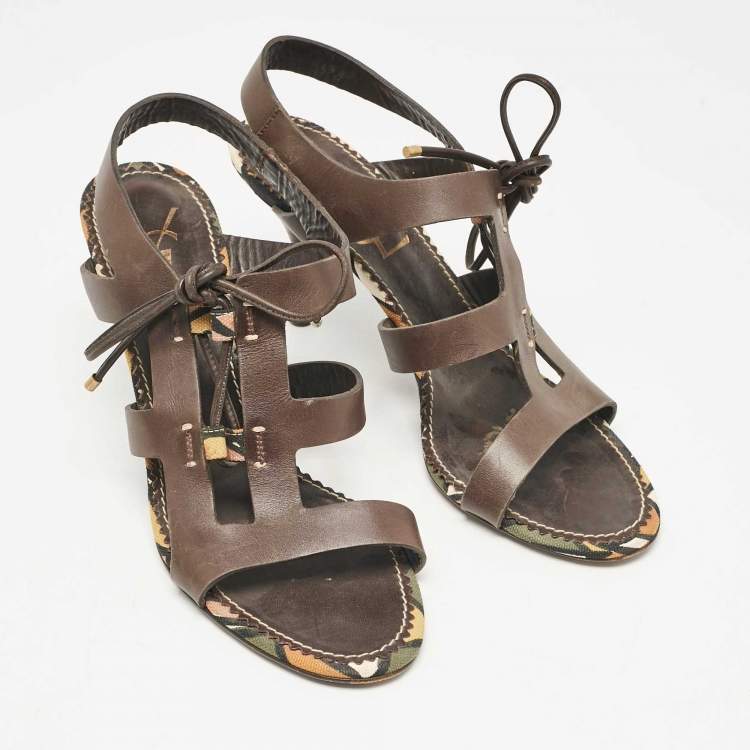 Pre Owned Yves Saint Laurent Brown Leather Lace Up Sandals Size 38.5