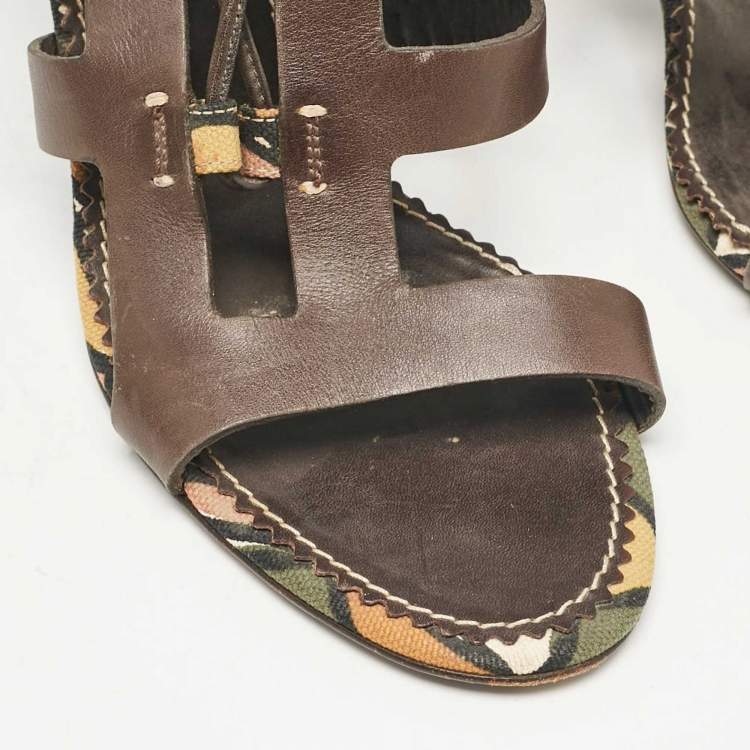 Pre Owned Yves Saint Laurent Brown Leather Lace Up Sandals Size 38.5