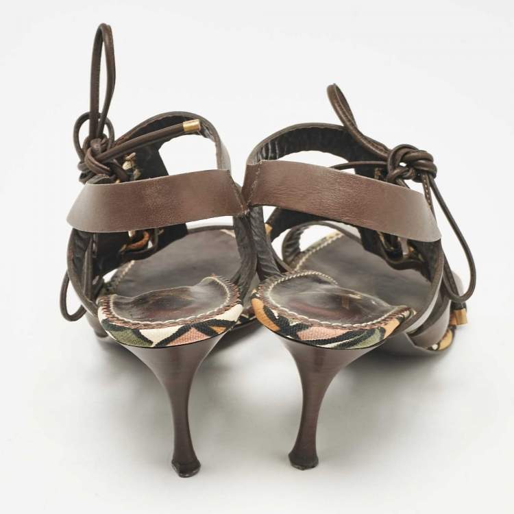 Pre Owned Yves Saint Laurent Brown Leather Lace Up Sandals Size 38.5