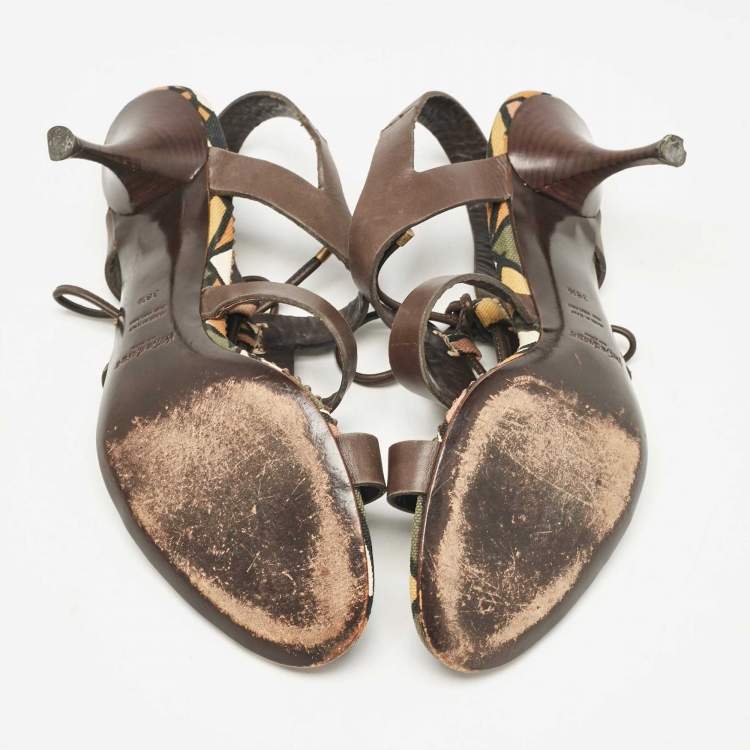 Pre Owned Yves Saint Laurent Brown Leather Lace Up Sandals Size 38.5