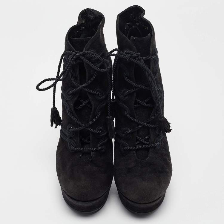 Pre Owned Yves Saint Laurent Black Ankle Length Boots Size 36.5