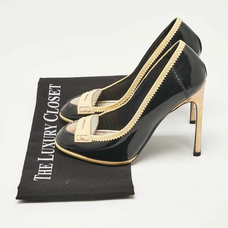 Pre Owned Yves Saint Laurent Black/Yellow Patent Leather Loafer Pumps Size 37