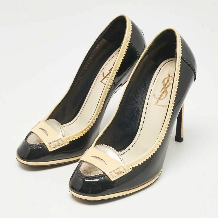 Pre Owned Yves Saint Laurent Black/Yellow Patent Leather Loafer Pumps Size 37