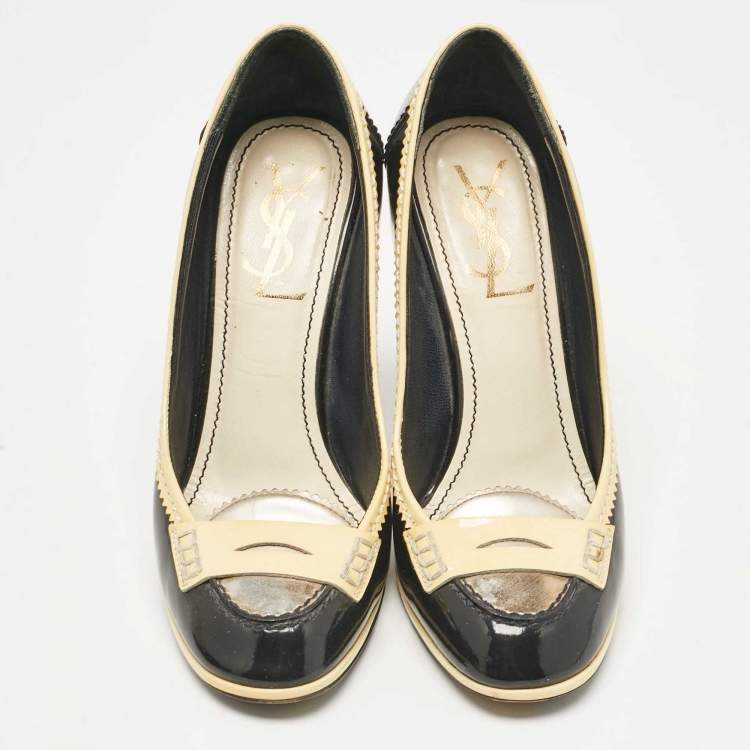 Pre Owned Yves Saint Laurent Black/Yellow Patent Leather Loafer Pumps Size 37