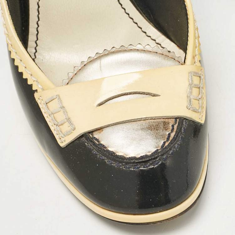 Pre Owned Yves Saint Laurent Black/Yellow Patent Leather Loafer Pumps Size 37