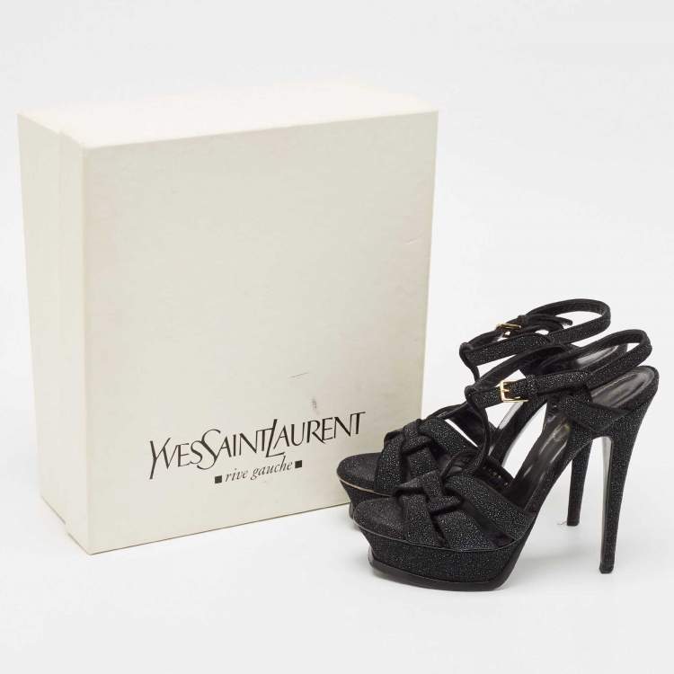 Pre Owned Yves Saint Laurent Black Glitter Suede Tribute Platform Sandals Size 36.5
