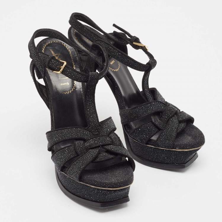 Pre Owned Yves Saint Laurent Black Glitter Suede Tribute Platform Sandals Size 36.5