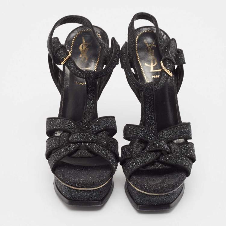 Pre Owned Yves Saint Laurent Black Glitter Suede Tribute Platform Sandals Size 36.5