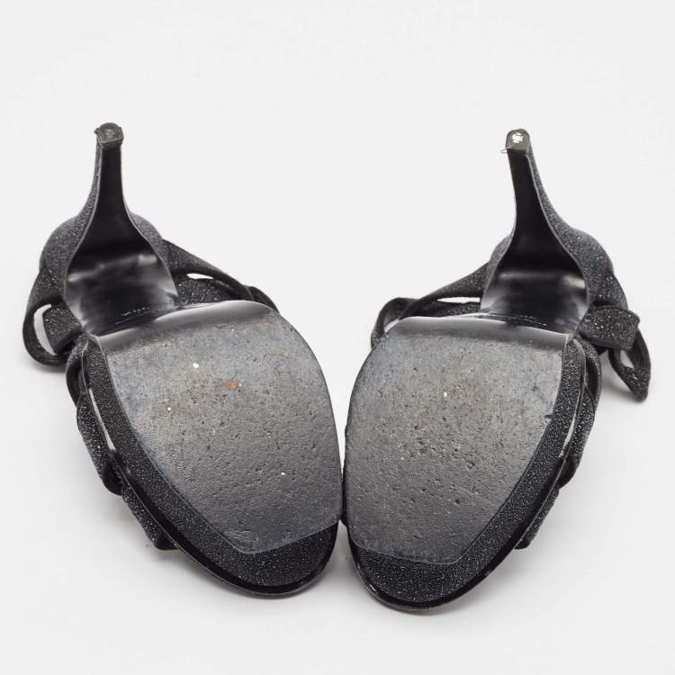 Pre Owned Yves Saint Laurent Black Glitter Suede Tribute Platform Sandals Size 36.5