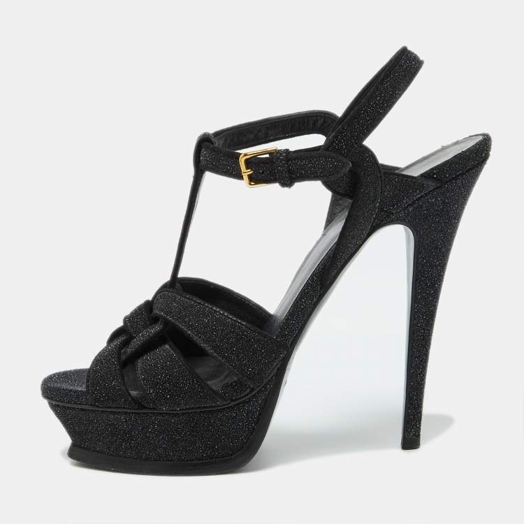 Pre Owned Yves Saint Laurent Black Glitter Suede Tribute Platform Sandals Size 39.5