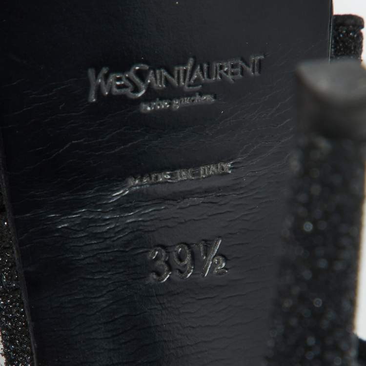 Pre Owned Yves Saint Laurent Black Glitter Suede Tribute Platform Sandals Size 39.5