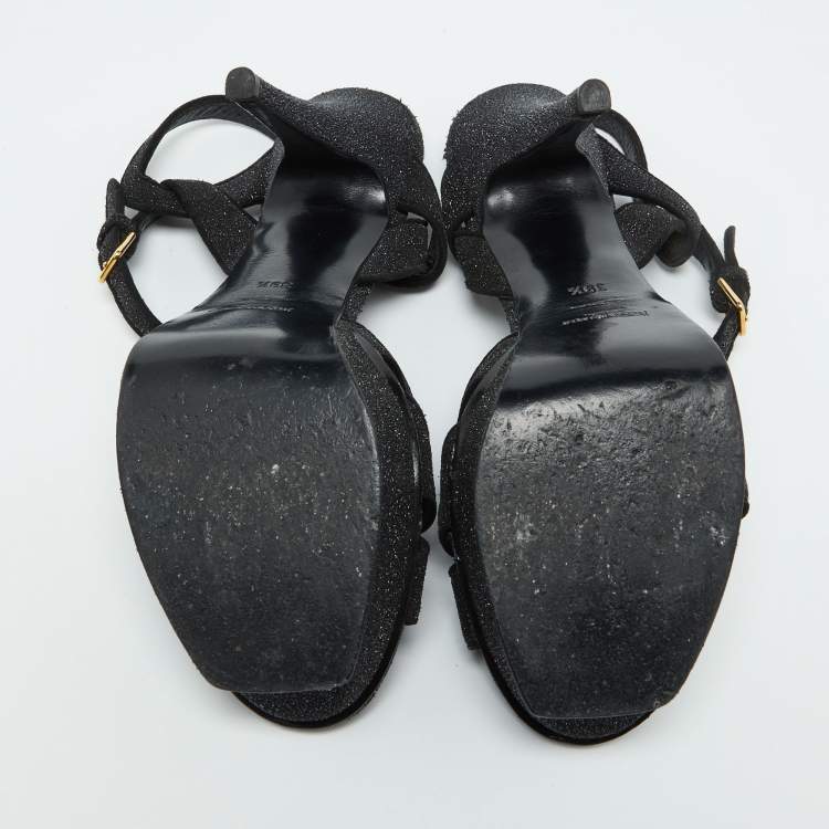 Pre Owned Yves Saint Laurent Black Glitter Suede Tribute Platform Sandals Size 39.5