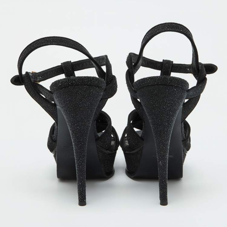 Pre Owned Yves Saint Laurent Black Glitter Suede Tribute Platform Sandals Size 39.5