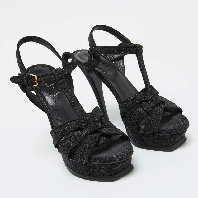 Pre Owned Yves Saint Laurent Black Glitter Suede Tribute Platform Sandals Size 39.5