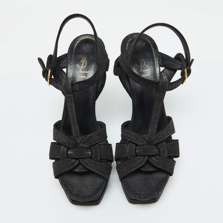 Pre Owned Yves Saint Laurent Black Glitter Suede Tribute Platform Sandals Size 39.5