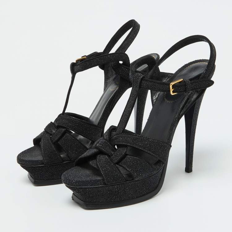 Pre Owned Yves Saint Laurent Black Glitter Suede Tribute Platform Sandals Size 39.5