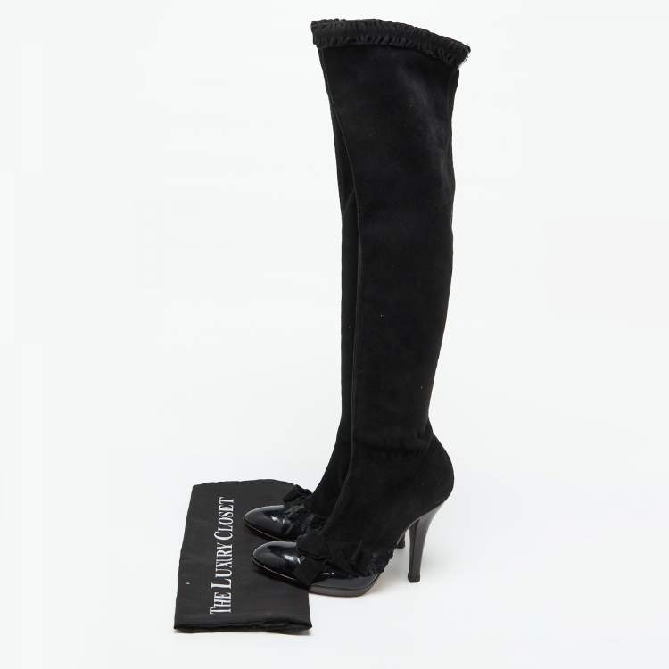 Pre Owned Yves Saint Laurent Black Suede and Patent Leather Knee Length Boots Size 38