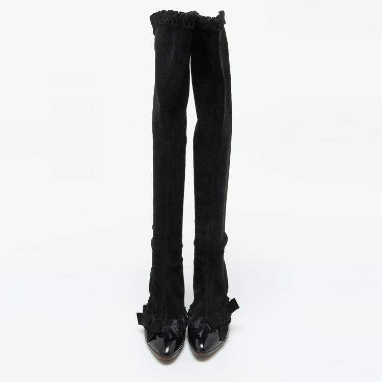 Pre Owned Yves Saint Laurent Black Suede and Patent Leather Knee Length Boots Size 38