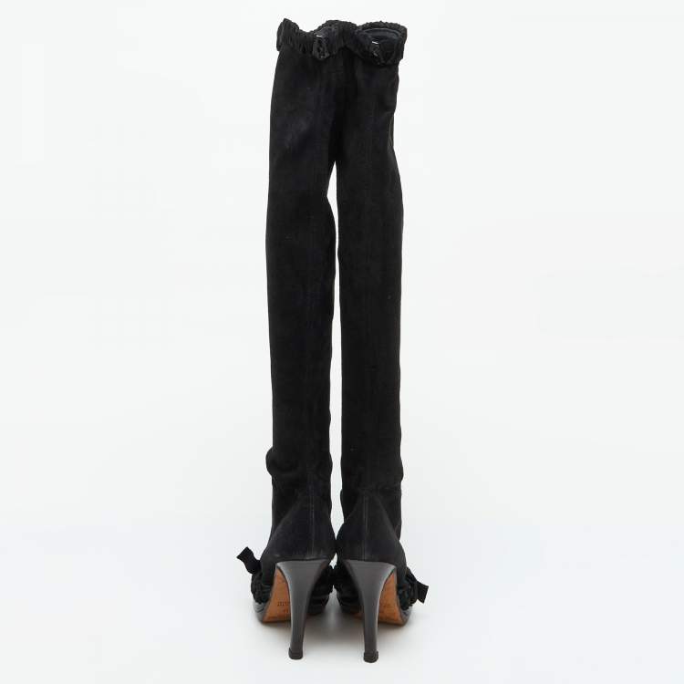 Pre Owned Yves Saint Laurent Black Suede and Patent Leather Knee Length Boots Size 38