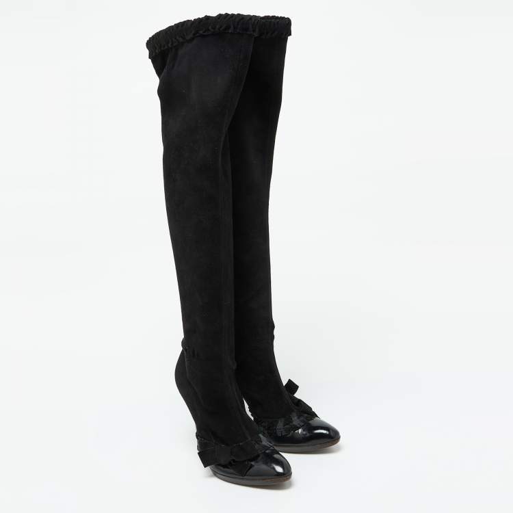 Pre Owned Yves Saint Laurent Black Suede and Patent Leather Knee Length Boots Size 38