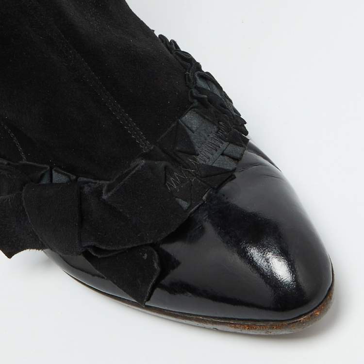 Pre Owned Yves Saint Laurent Black Suede and Patent Leather Knee Length Boots Size 38