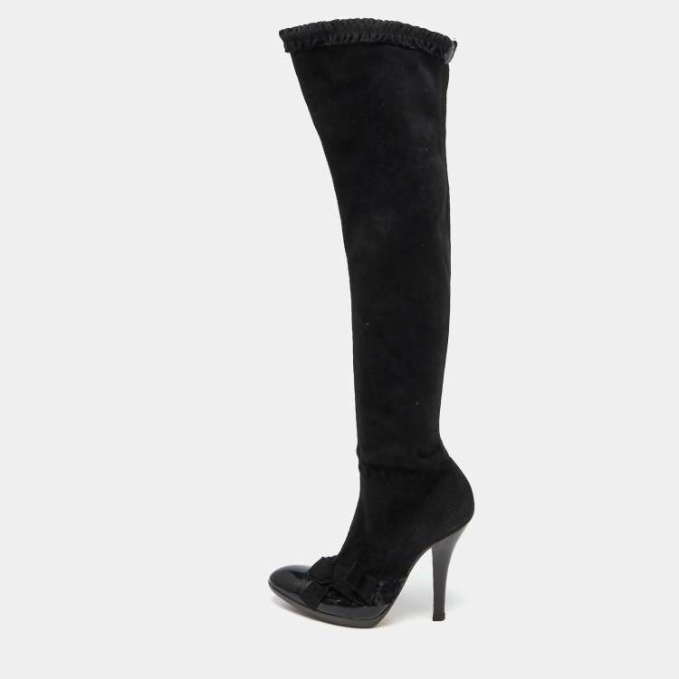 Pre Owned Yves Saint Laurent Black Suede and Patent Leather Knee Length Boots Size 38