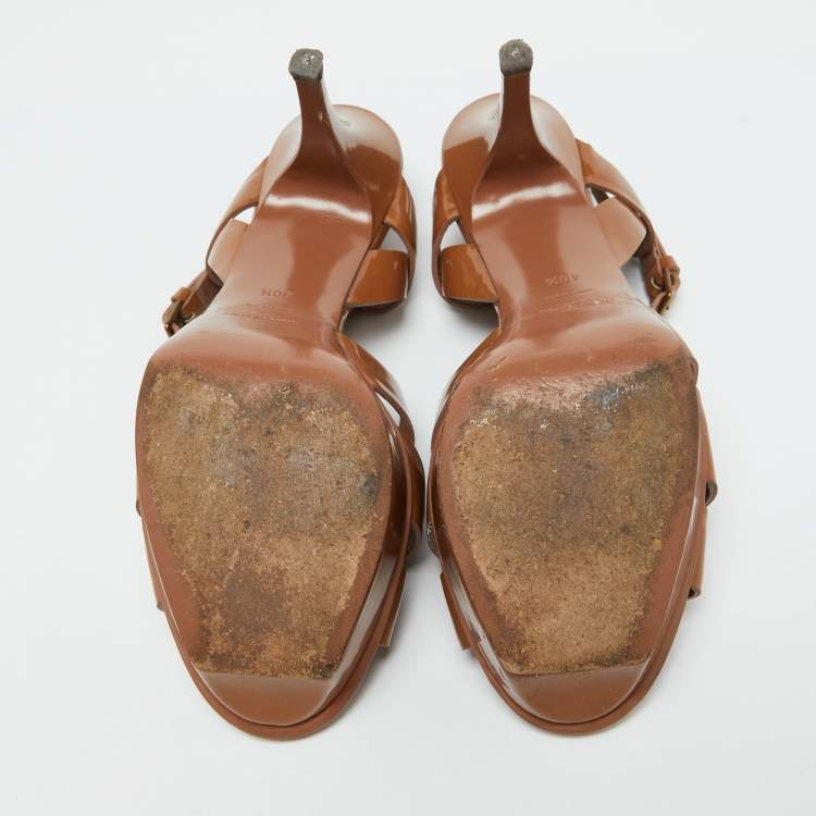Pre Owned Yves Saint Laurent Brown Patent Leather Tribute Platform Sandals Size 40.5