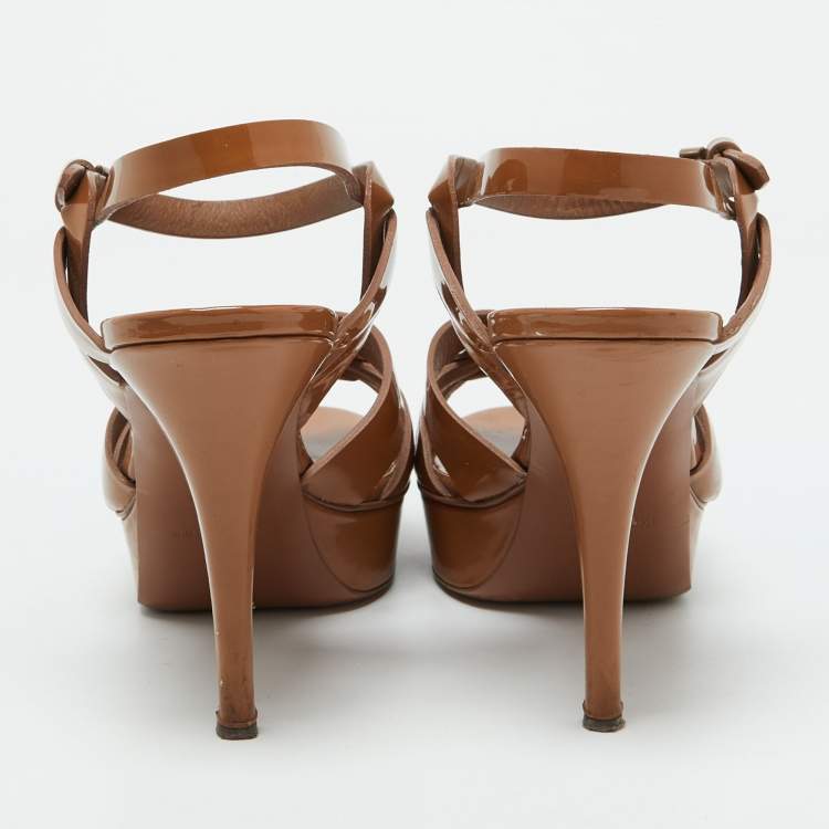 Pre Owned Yves Saint Laurent Brown Patent Leather Tribute Platform Sandals Size 40.5