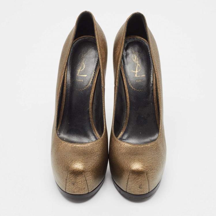 Pre Owned Yves Saint Laurent Gold/Black Textured Leather Tribtoo Pumps Size 38