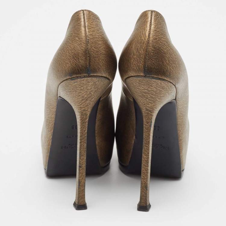 Pre Owned Yves Saint Laurent Gold/Black Textured Leather Tribtoo Pumps Size 38