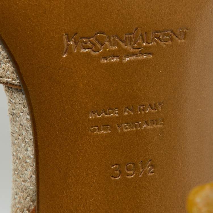 Pre Owned Yves Saint Laurent Beige/Brown Canvas and Leather Ankle Strap Sandals Size 39.5