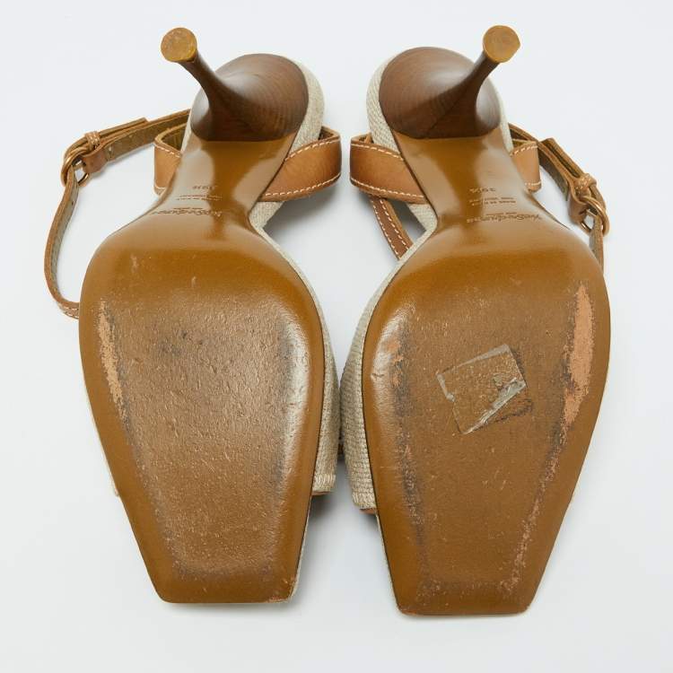 Pre Owned Yves Saint Laurent Beige/Brown Canvas and Leather Ankle Strap Sandals Size 39.5