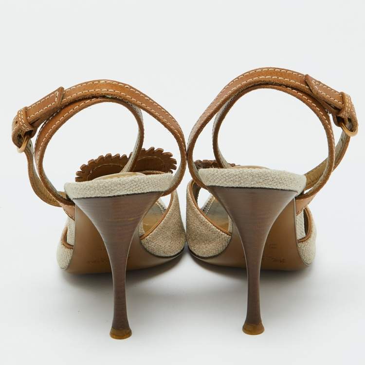Pre Owned Yves Saint Laurent Beige/Brown Canvas and Leather Ankle Strap Sandals Size 39.5