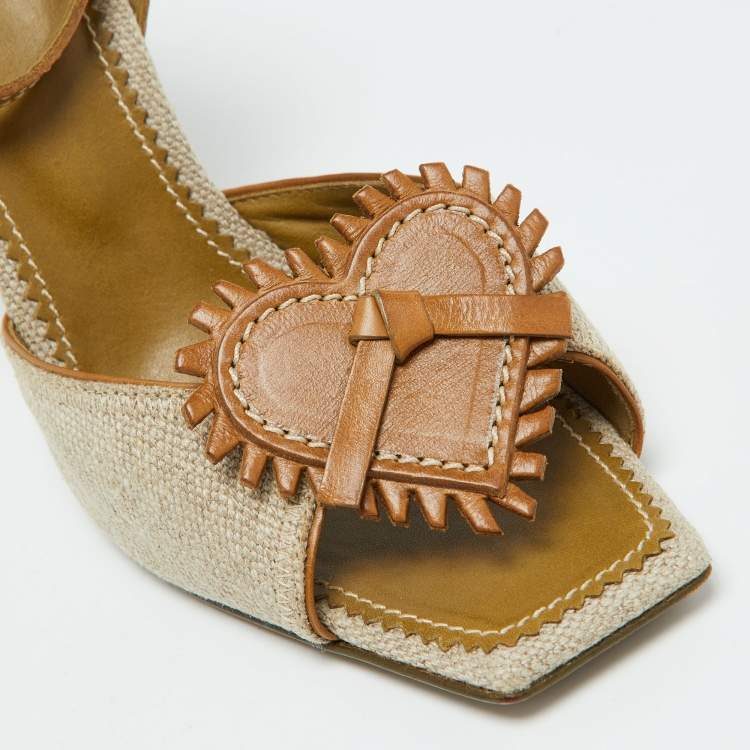 Pre Owned Yves Saint Laurent Beige/Brown Canvas and Leather Ankle Strap Sandals Size 39.5