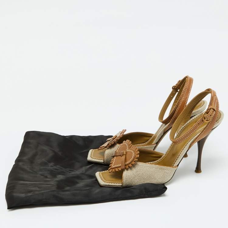 Pre Owned Yves Saint Laurent Beige/Brown Canvas and Leather Ankle Strap Sandals Size 39.5